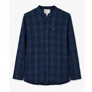 Peau De Loup Blue Black Plaid Band Collar Button Up Shirt Long Sleeve Unisex 16